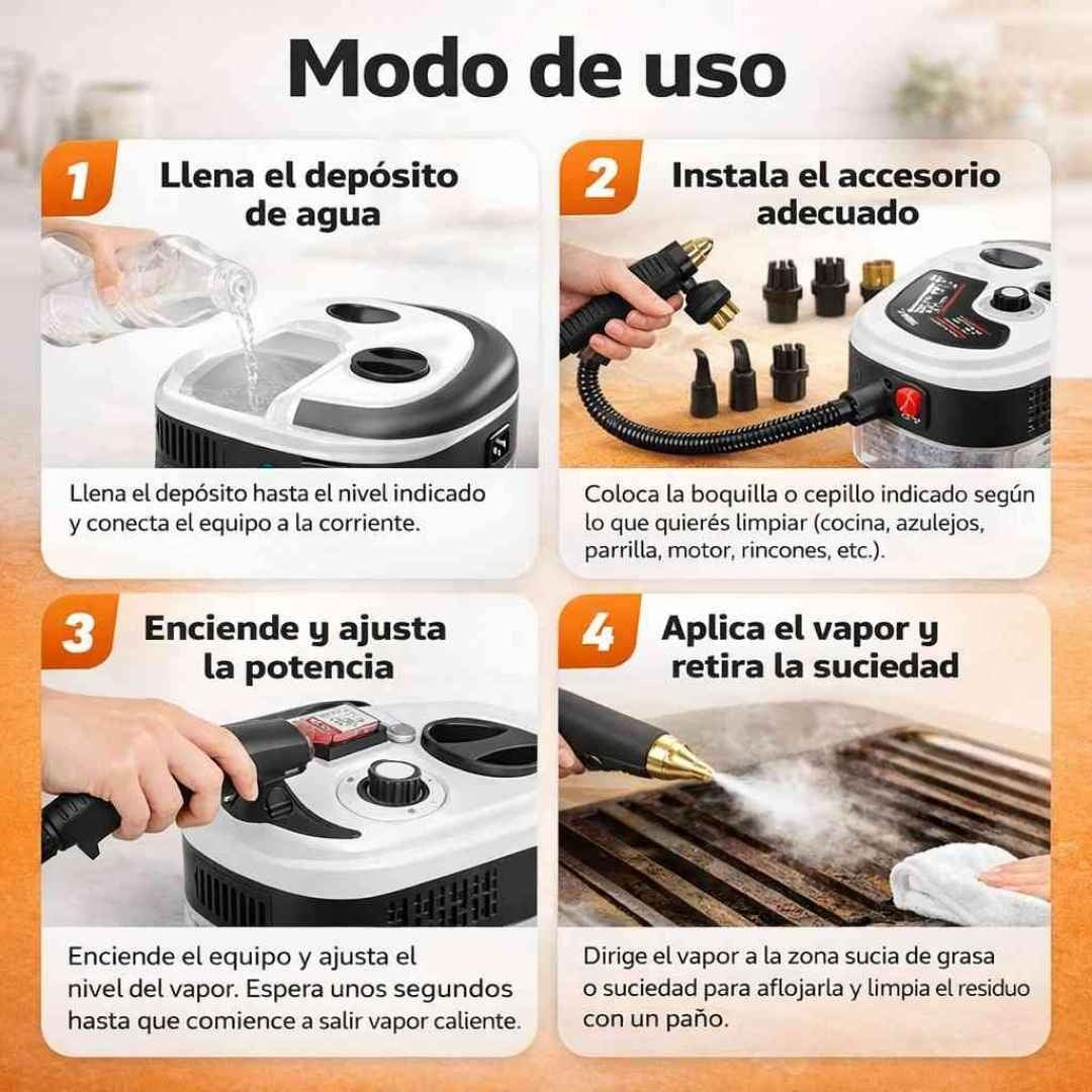 Limpiador a Vapor Multifuncional - Limpia la Grasa y Suciedad "Imposible" en Segundos