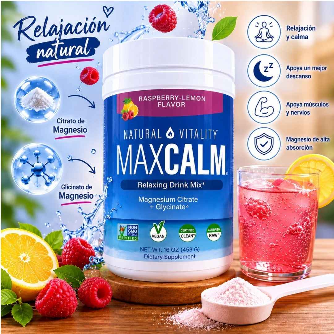 MAX CALM® Bebida Relajante de Magnesio Calma, descanso y bienestar en cada vaso, sabor frambuesa - limon