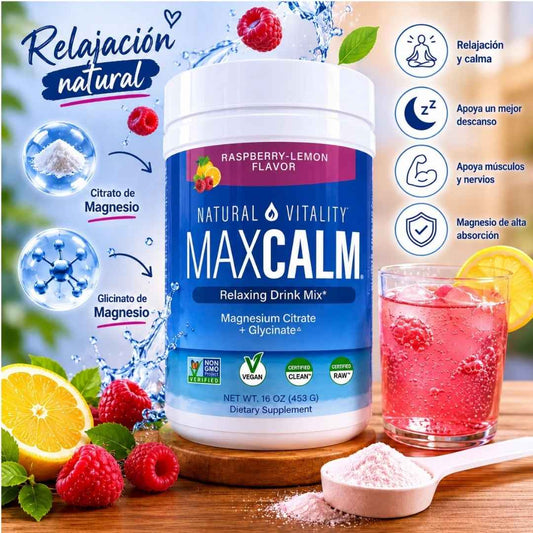 MAX CALM® Bebida Relajante de Magnesio Calma, descanso y bienestar en cada vaso, sabor frambuesa - limon