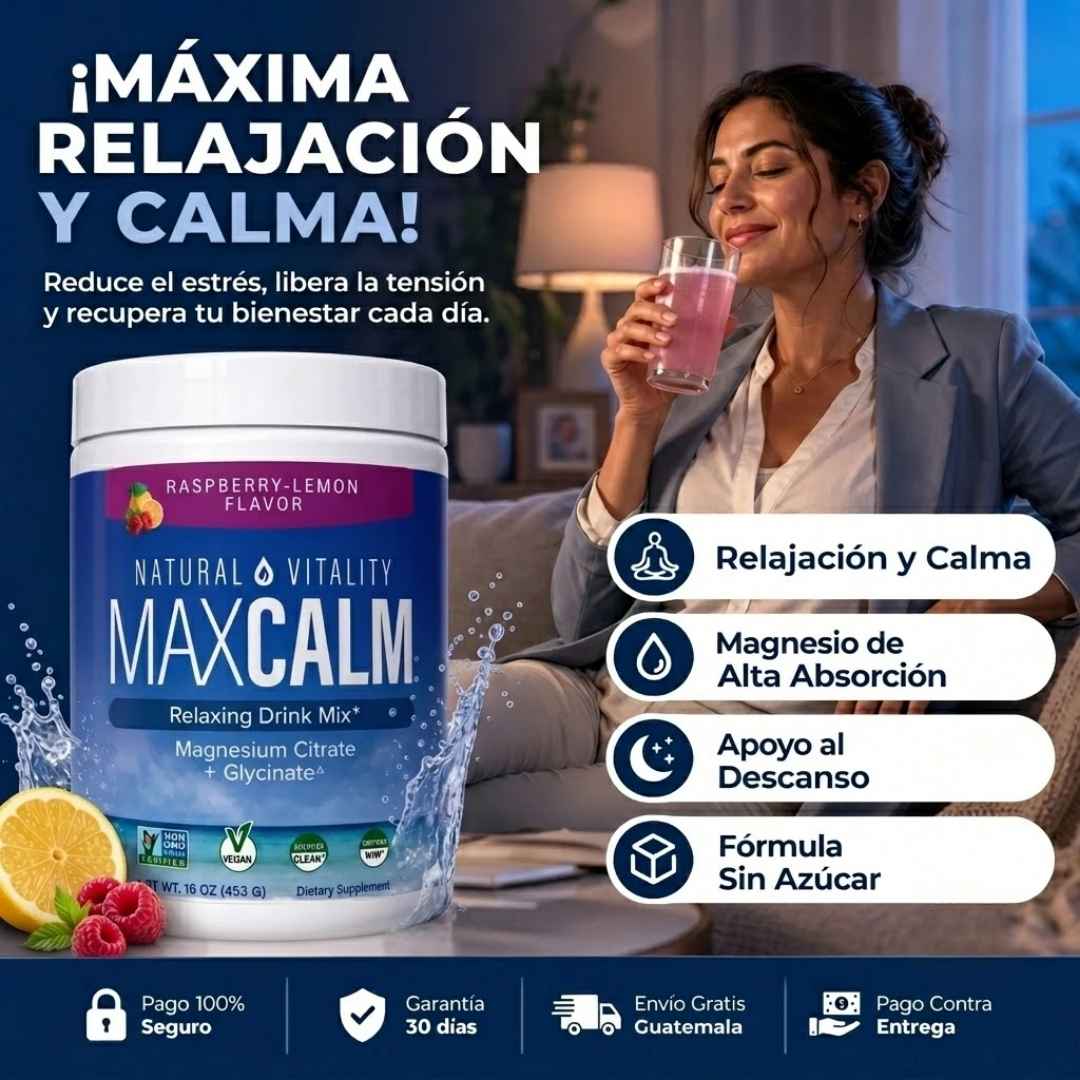 MAX CALM® Bebida Relajante de Magnesio Calma, descanso y bienestar en cada vaso, sabor frambuesa - limon