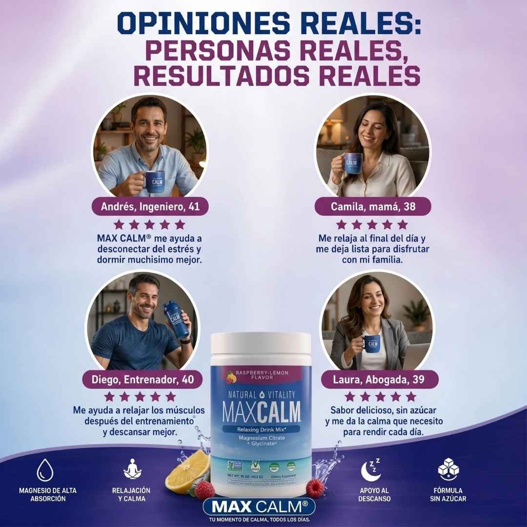 MAX CALM® Bebida Relajante de Magnesio Calma, descanso y bienestar en cada vaso, sabor frambuesa - limon
