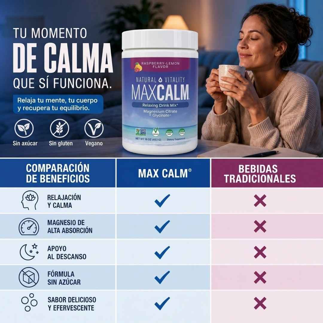 MAX CALM® Bebida Relajante de Magnesio Calma, descanso y bienestar en cada vaso, sabor frambuesa - limon