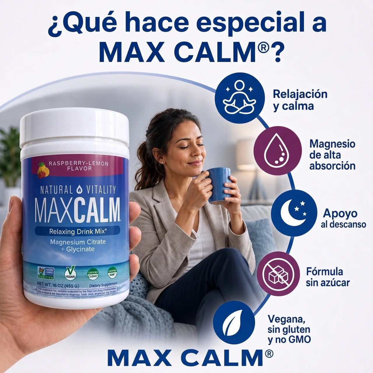 MAX CALM® Bebida Relajante de Magnesio Calma, descanso y bienestar en cada vaso, sabor frambuesa - limon